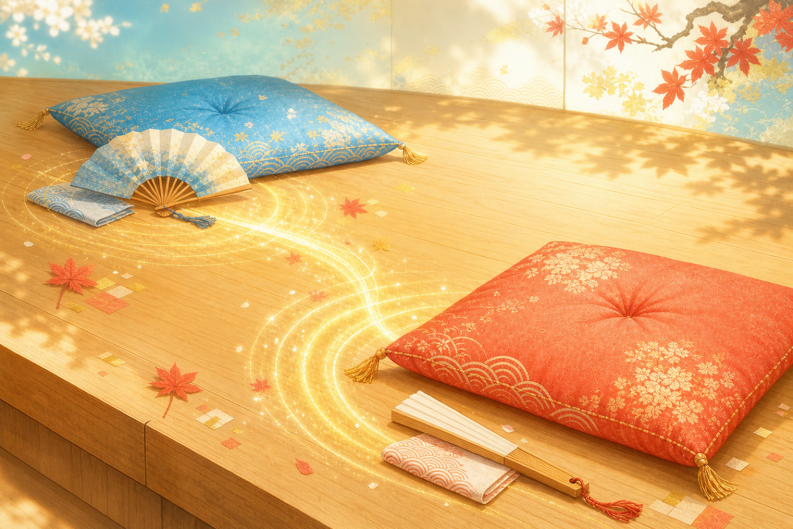 Two empty rakugo cushions and folding fans connected by golden light, symbolising artistic inheritance