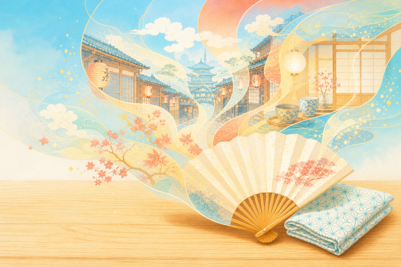 A folding fan and tenugui opening into an imagined Edo street, symbolising the world created by rakugo