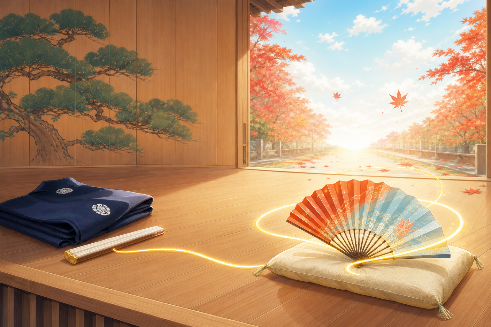 A closed fan and folded cloth connected by golden light to a newly opened fan, symbolising rakugo passing from father to daughter