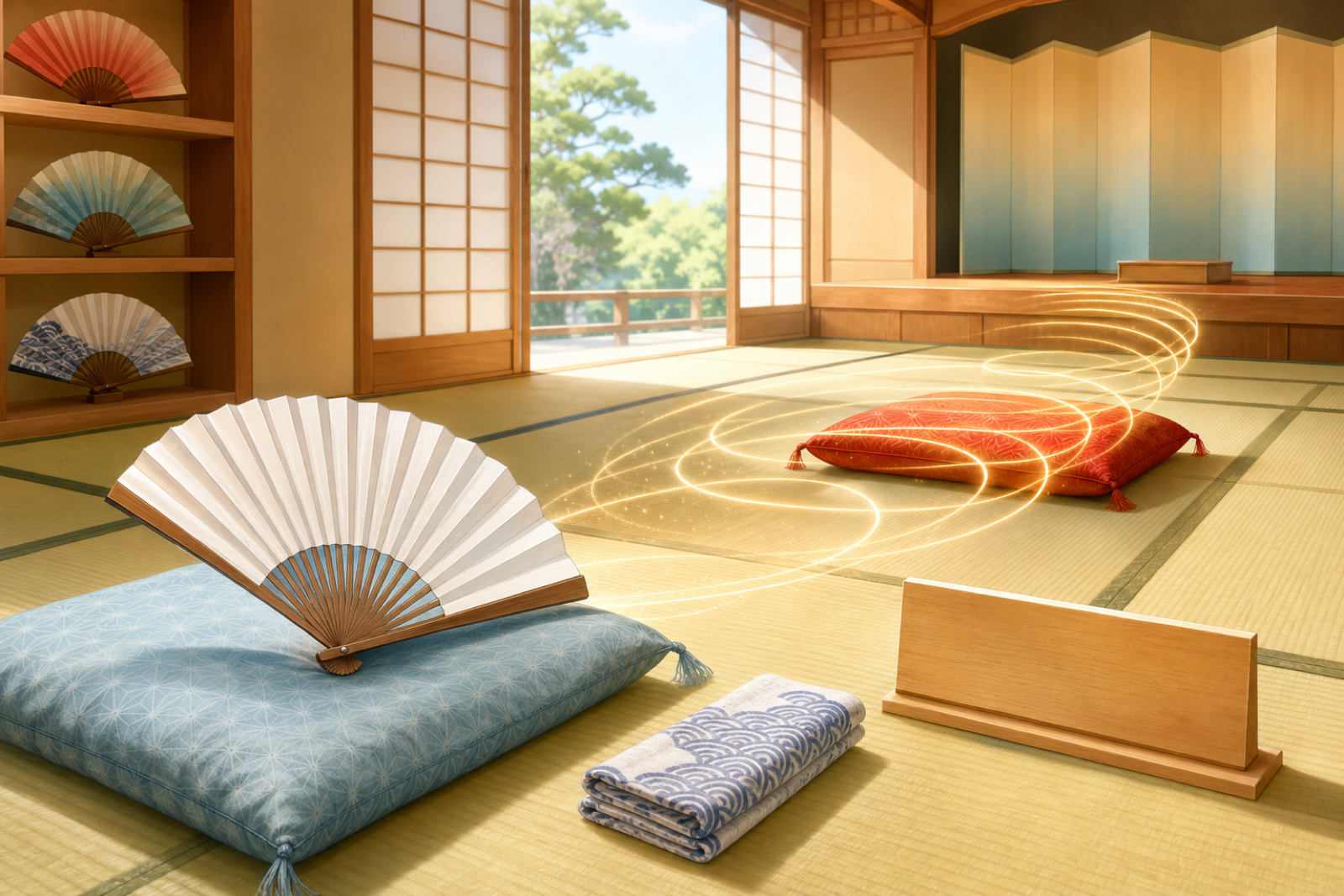 Two empty rakugo cushions, a folding fan and golden rings symbolising knowledge passed from master to apprentice