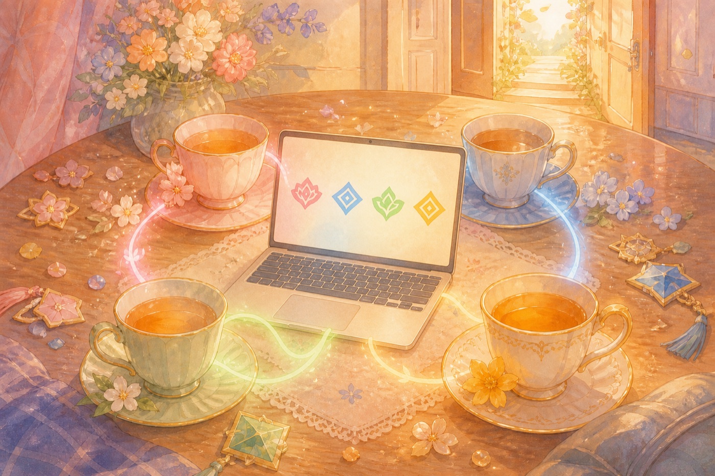 Four different teacups connected by gentle light around a laptop, symbolizing an online guild becoming a real community