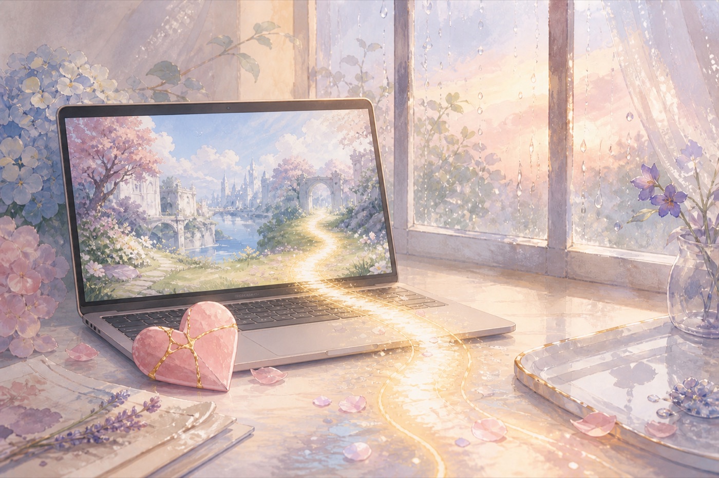 A repaired paper heart beside a laptop game world, with a glowing path continuing into a sunlit room
