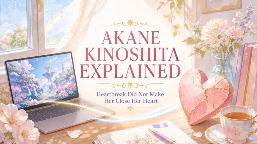 Akane Kinoshita character essay represented by a laptop game world, a repaired heart, flowers, and hopeful morning light