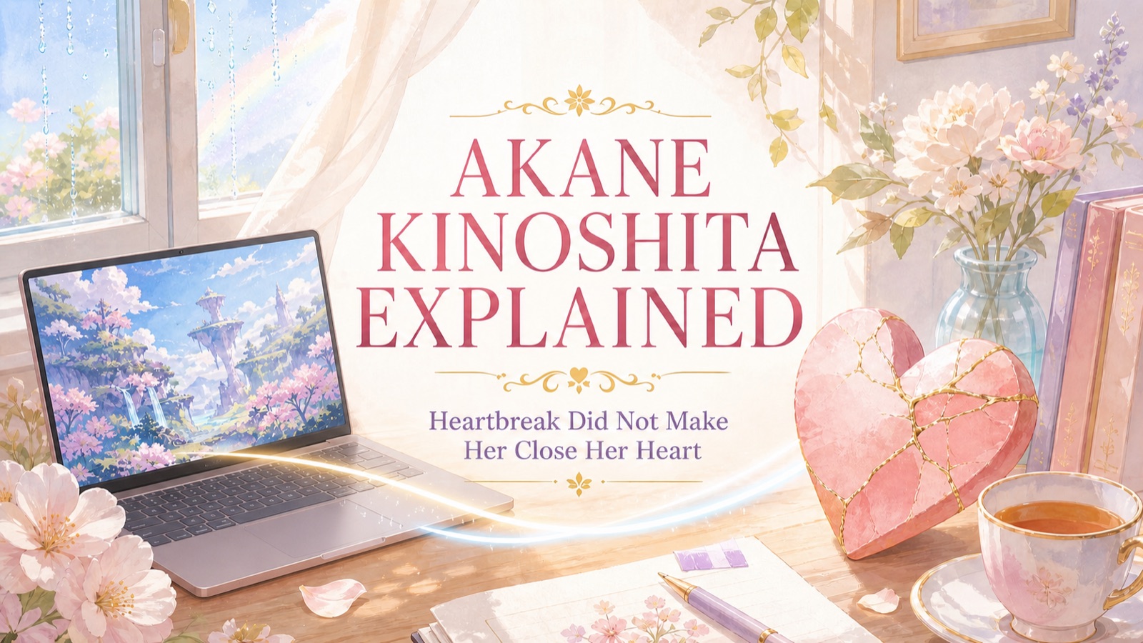 Akane Kinoshita character essay represented by a laptop game world, a repaired heart, flowers, and hopeful morning light