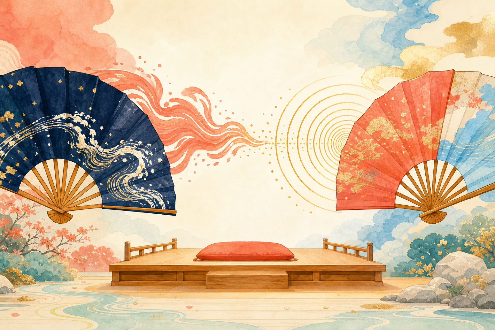 Two folding fans facing one another as a turbulent red ribbon becomes golden sound rings, symbolizing Akane's courage to listen