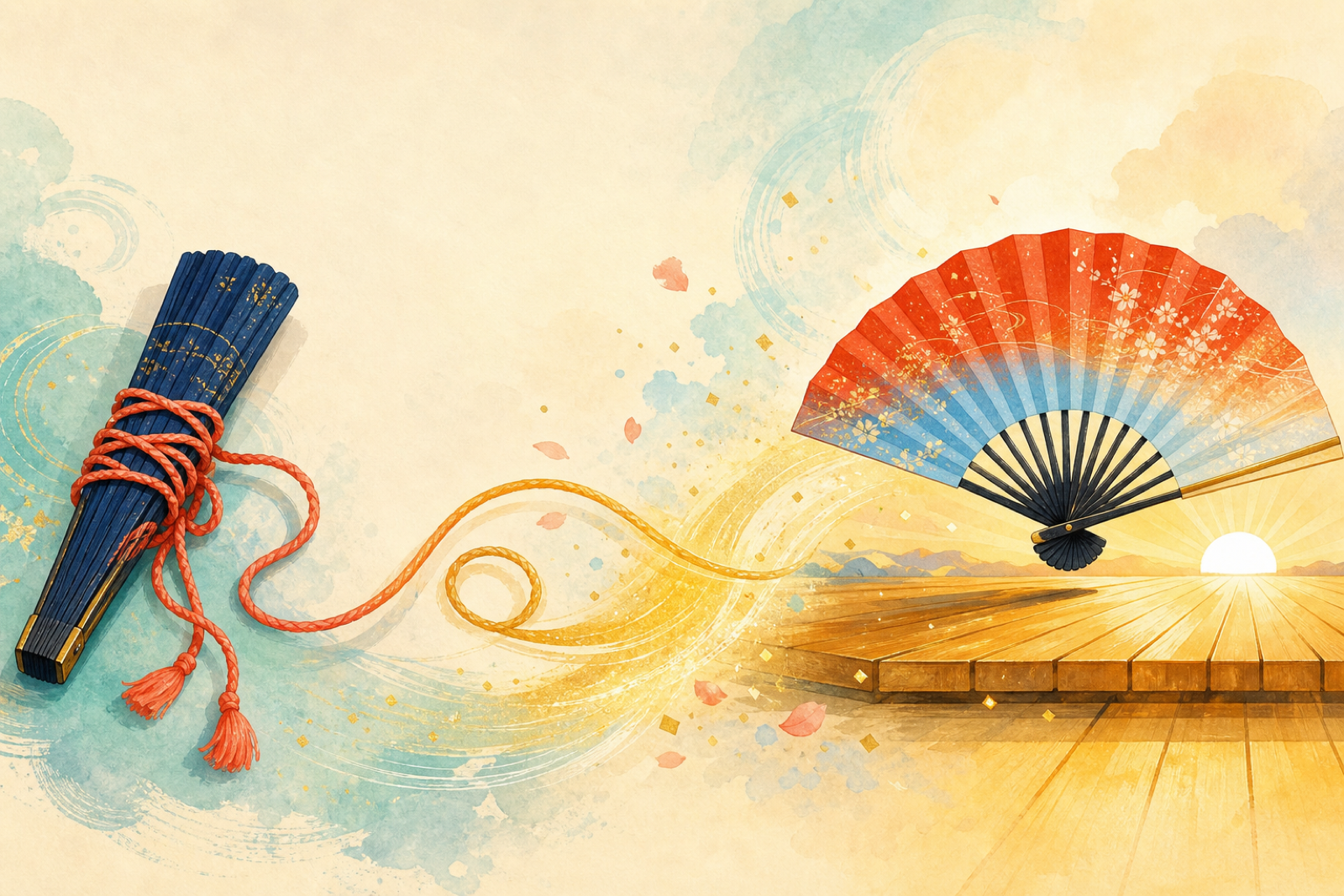 A red cord loosening from a closed fan and becoming a golden path toward an open fan at sunrise, symbolizing anger transformed into growth