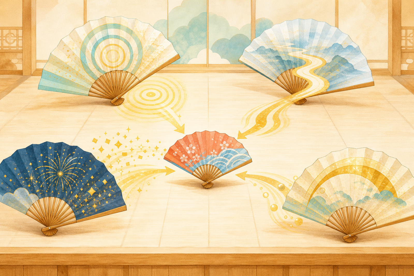 Four distinctive folding fans guiding a smaller coral and blue fan with different golden paths, symbolizing Akane learning without losing her individuality