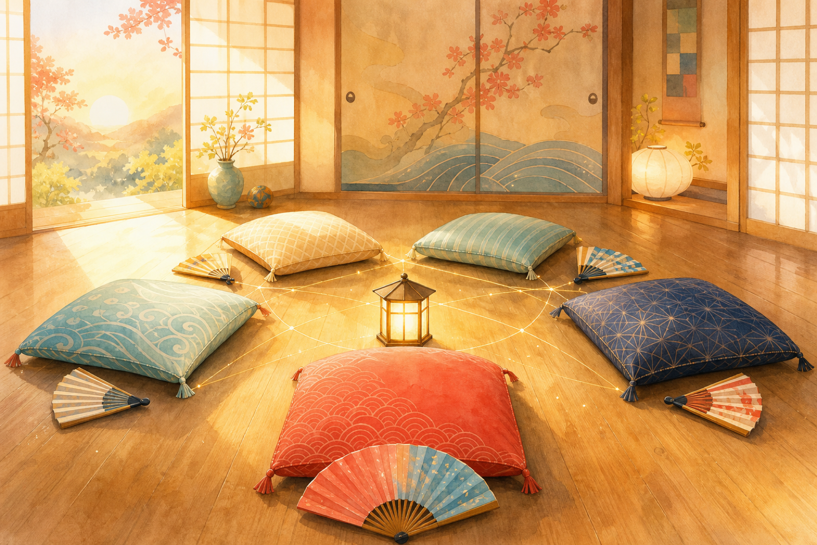Five empty cushions and folding fans connected by golden light around a lantern, symbolizing the Shiguma school as Akane's second family