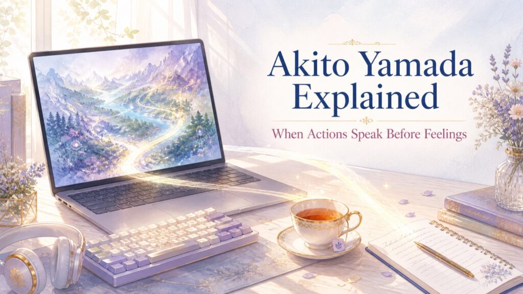 Akito Yamada character essay represented by a laptop game world, handwritten notes, tea, and light moving from action toward feeling