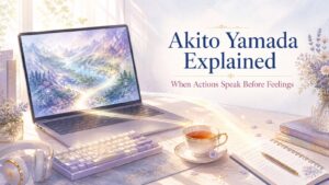 Akito Yamada character essay represented by a laptop game world, handwritten notes, tea, and light moving from action toward feeling