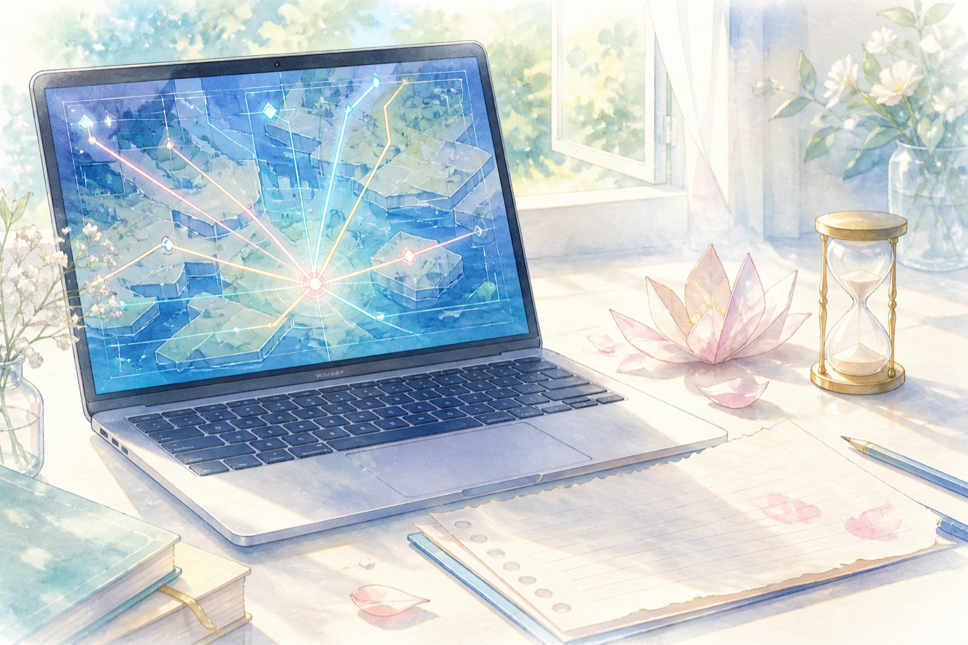 A laptop game map with decisive routes beside an unfinished letter, paper flower, and hourglass symbolizing slower emotional recognition