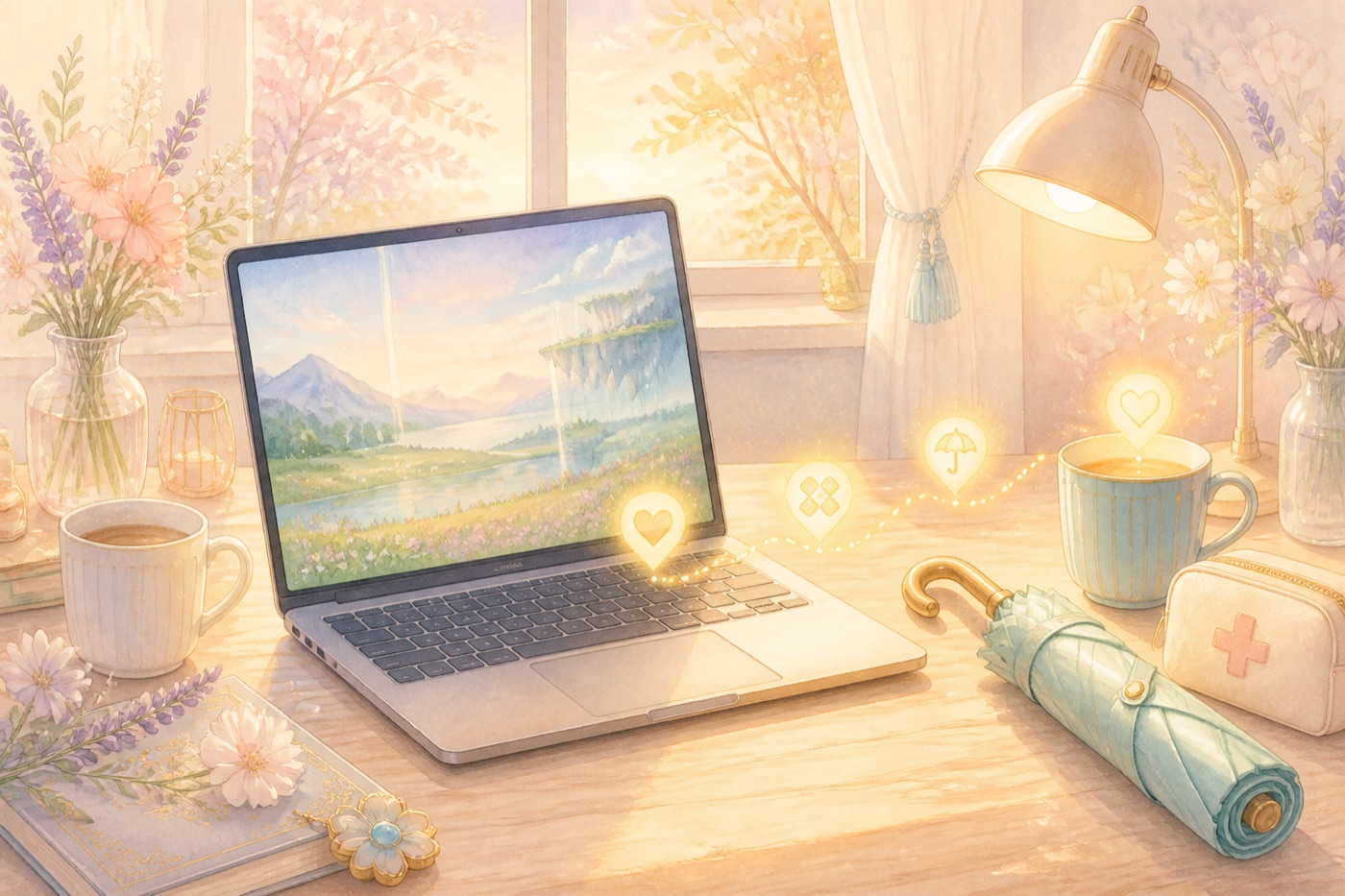 A laptop beside two cups, an umbrella, and a first-aid pouch symbolizing practical care before feelings are spoken