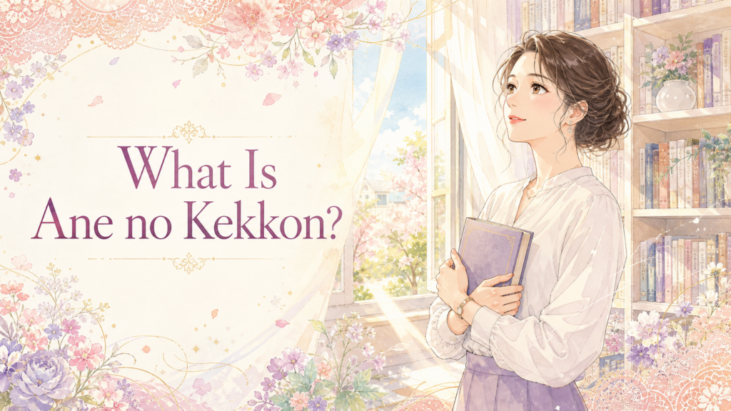 A mature woman holding a book in a flower-filled sunlit library, with the title What Is Ane no Kekkon?