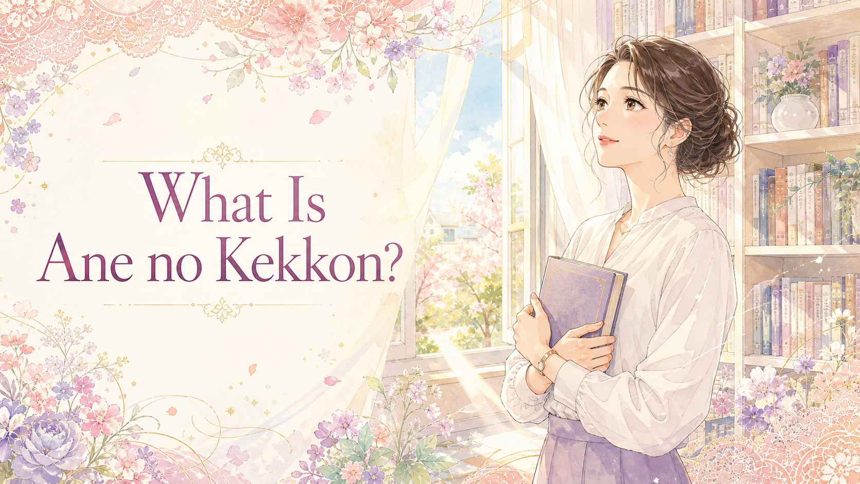 A mature woman holding a book in a flower-filled sunlit library, with the title What Is Ane no Kekkon?