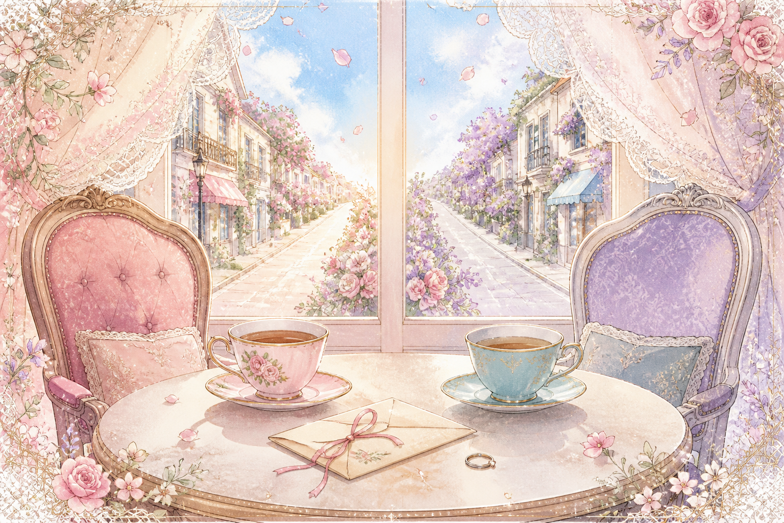Two pastel chairs, teacups, a ribbon-tied letter, and a ring beside two flower-lined paths
