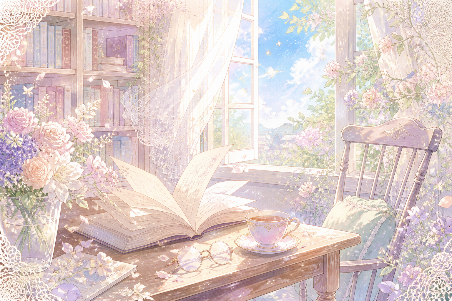 A pastel library table with an open book, teacup, flowers, and an empty chair in sparkling spring light