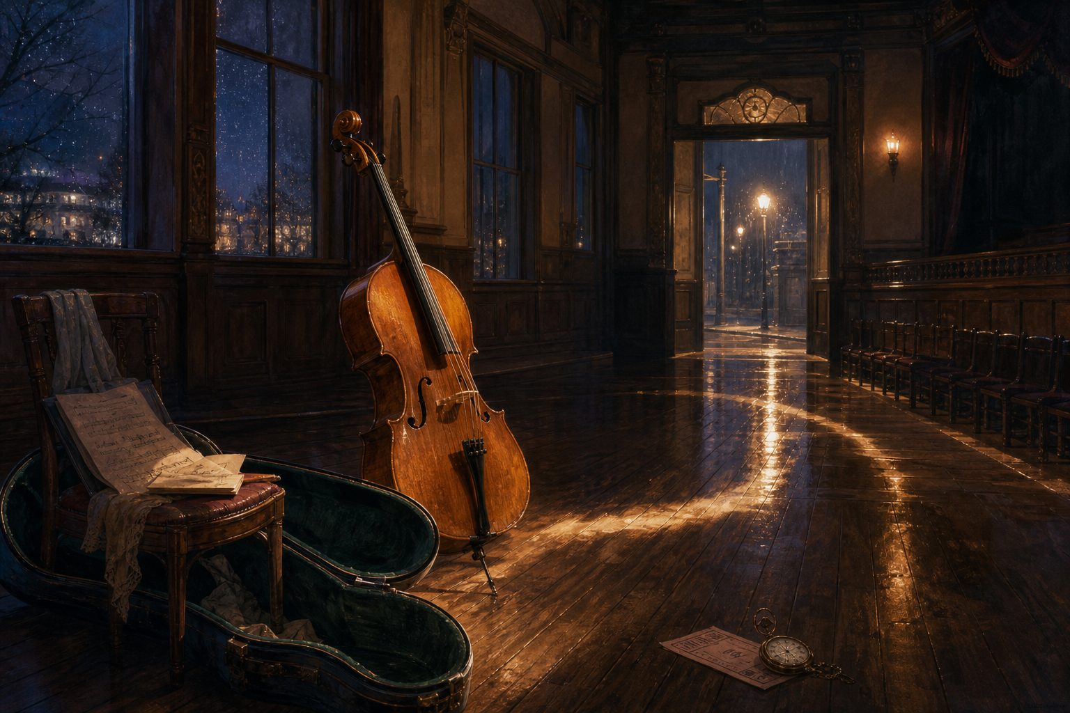 Cello in an empty rain-lit recital hall with a pocket watch and two paths of light