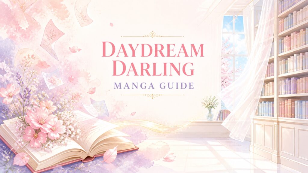 Daydream Darling manga guide represented by a sunlit library, an open book, flowers, and dreamlike light