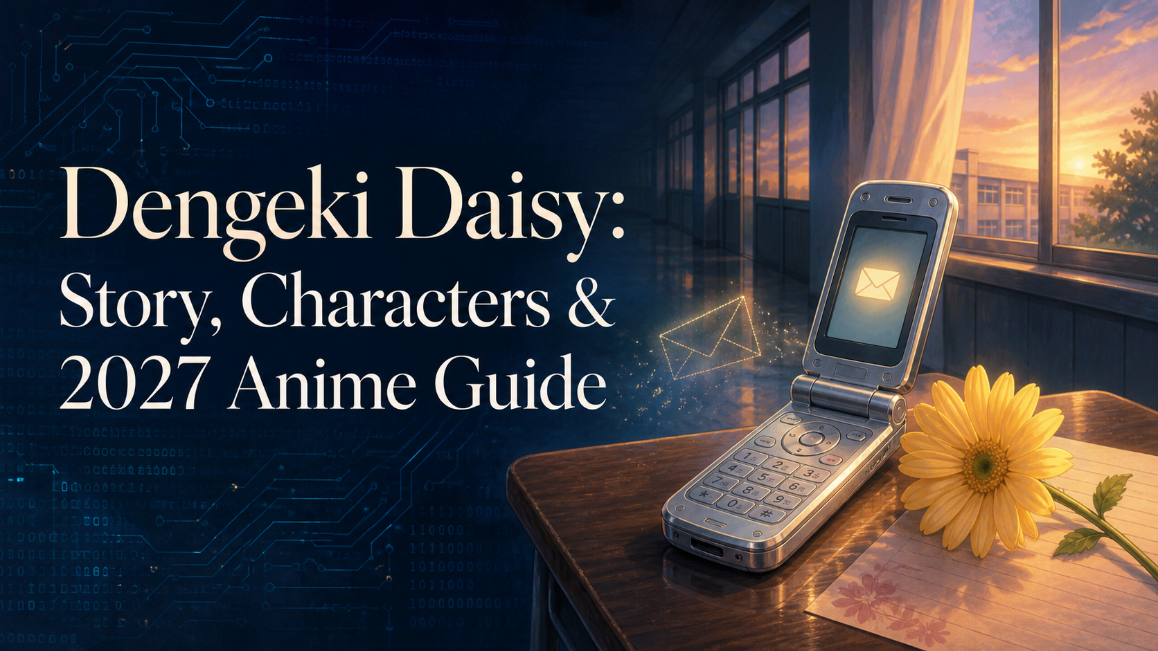 Dengeki Daisy guide with a flip phone, yellow daisy, school corridor, and circuit patterns