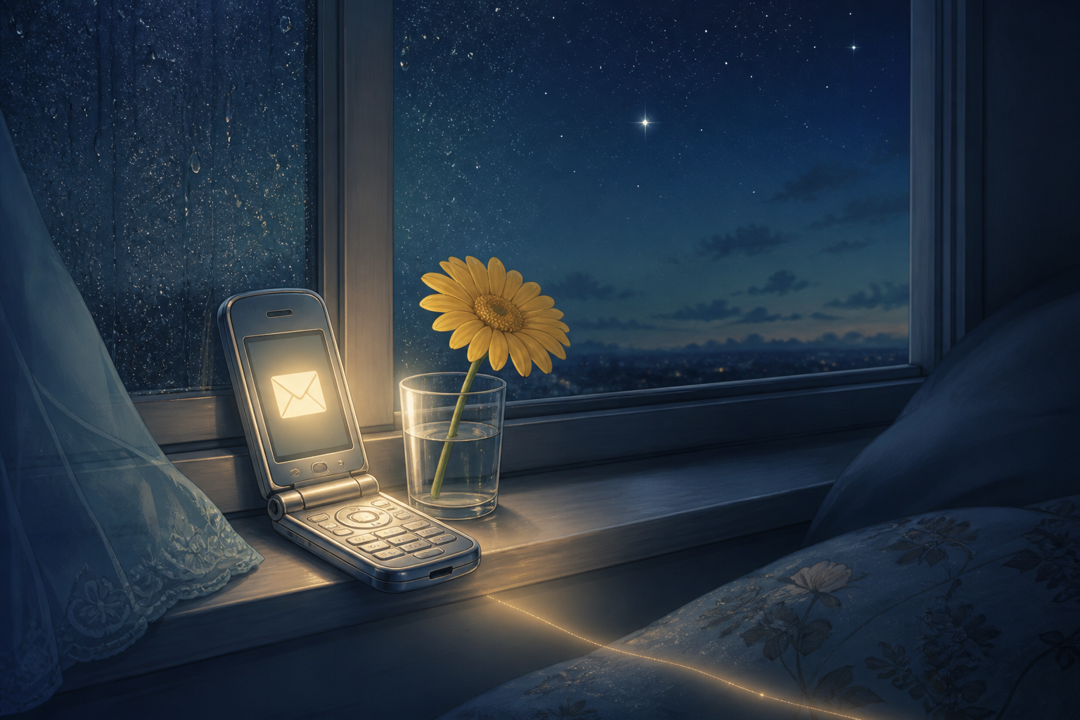 A glowing flip phone beside a yellow daisy on a rainy bedroom windowsill