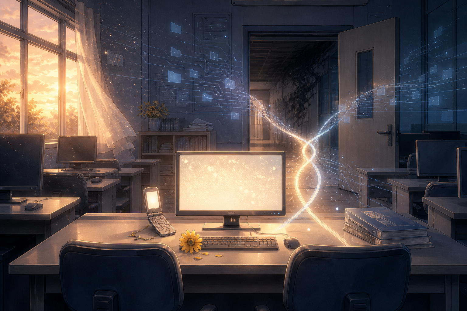 An empty school computer room at sunset with a flip phone, yellow daisy, and intertwined light trails
