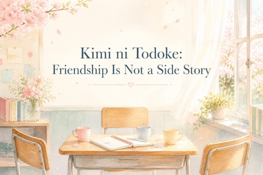 Three empty classroom chairs and pastel cups beneath the title Kimi ni Todoke: Friendship Is Not a Side Story
