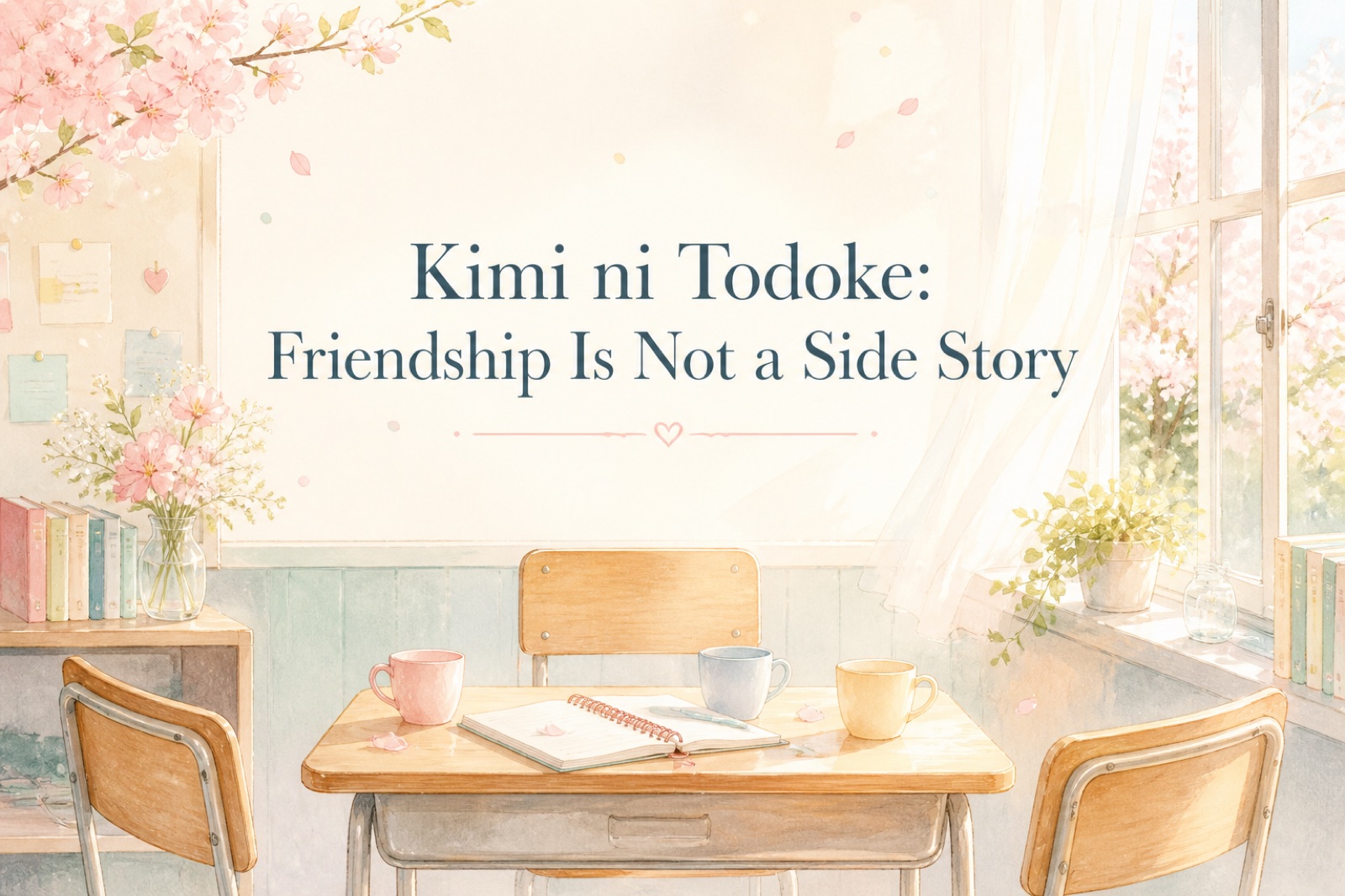Three empty classroom chairs and pastel cups beneath the title Kimi ni Todoke: Friendship Is Not a Side Story