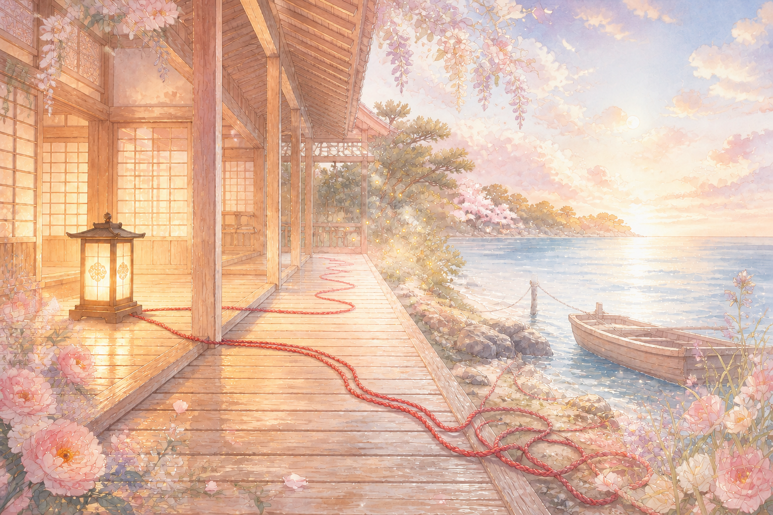 A bright flower-framed Meiji-era walkway leading from a noble house toward the sea and a small boat