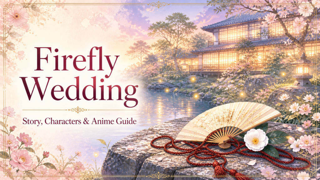 Firefly Wedding story, characters, and anime guide with a bright Meiji-era garden, fireflies, wedding fan, flowers, and red cord