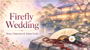 Firefly Wedding story, characters, and anime guide with a bright Meiji-era garden, fireflies, wedding fan, flowers, and red cord