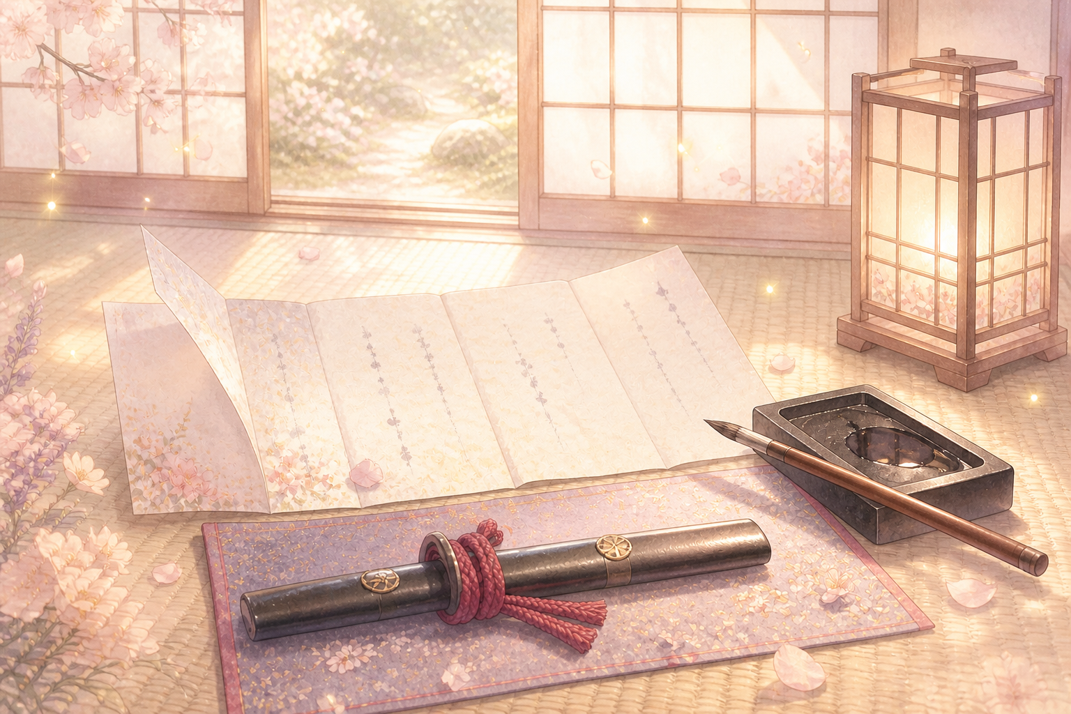 A marriage document, brush, and sheathed dagger in a bright flower-filled Meiji-era Japanese room