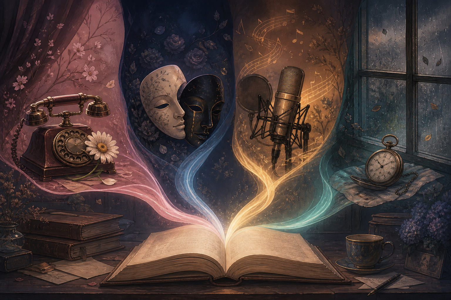 Four ribbons rising from an open book toward a daisy and phone, masks, microphone, and rainy window