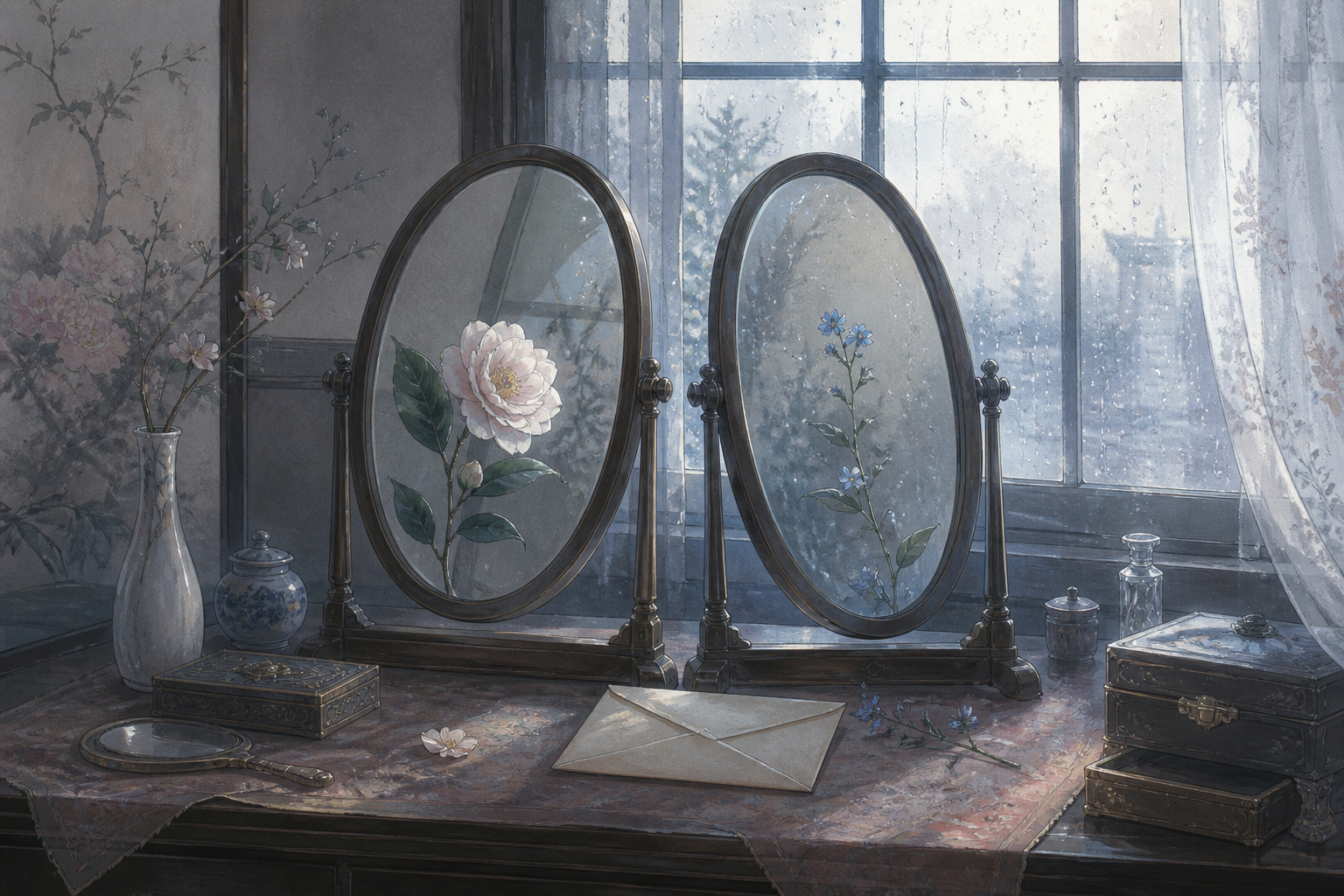 Two mirrors reflecting different flowers, symbolizing Hina and Hinako as separate women