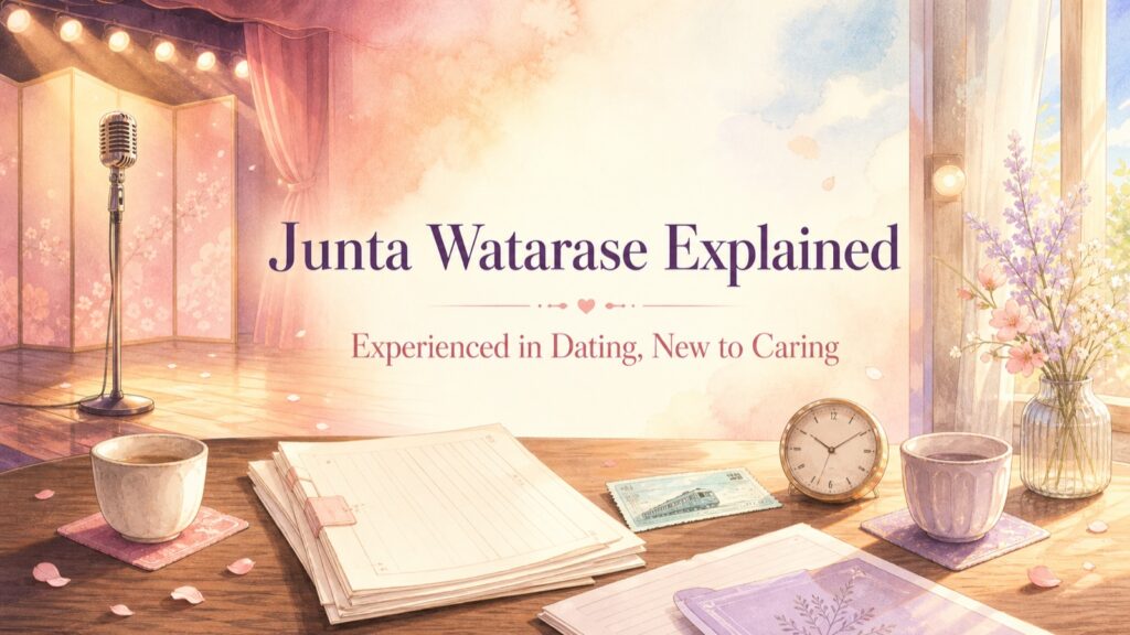 Junta Watarase character essay represented by a comedy microphone, scripts, train ticket, clock, and two cups