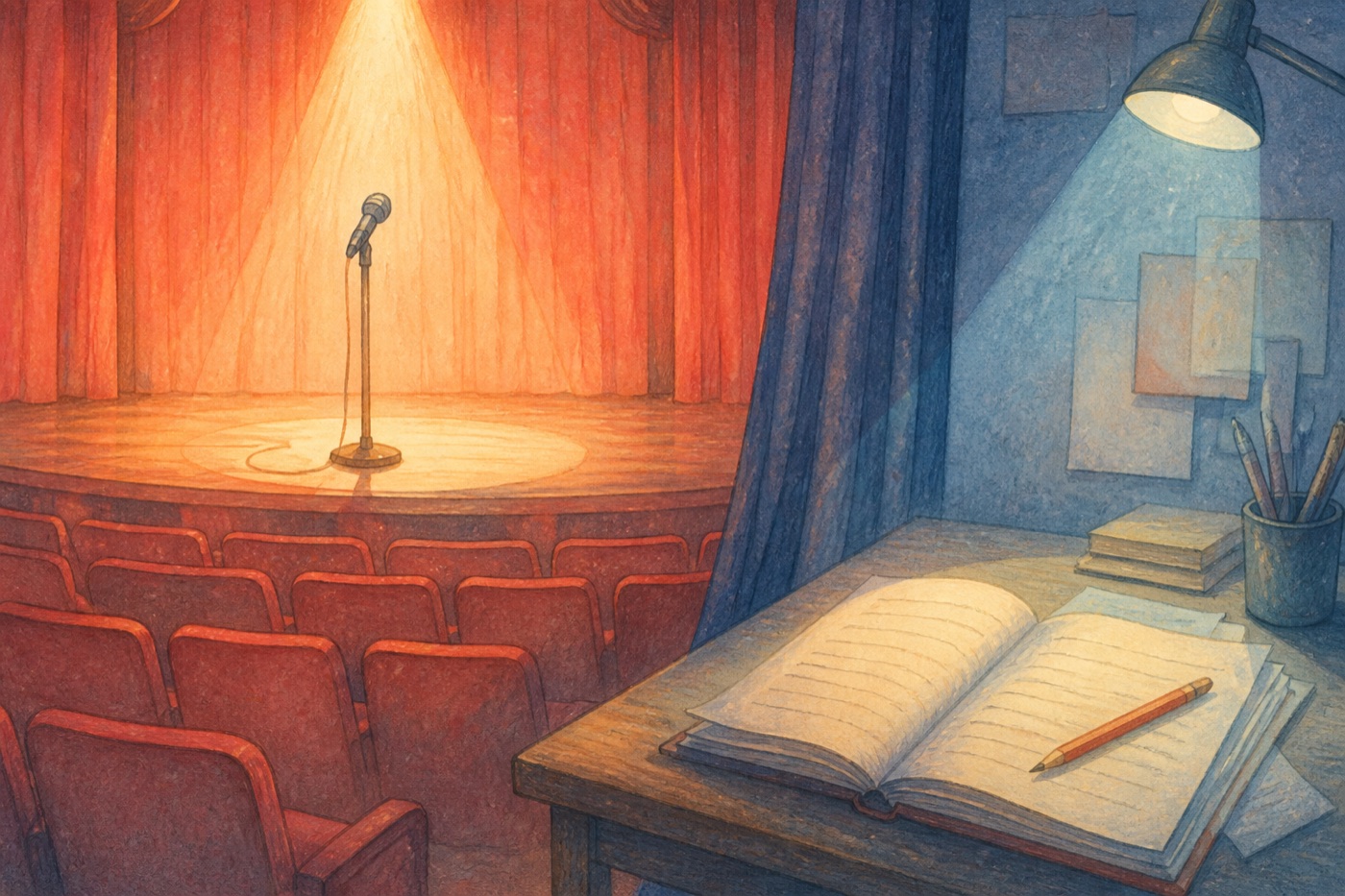 An empty comedy stage and a backstage script desk symbolizing the contrast between Watarase’s public charm and disciplined work