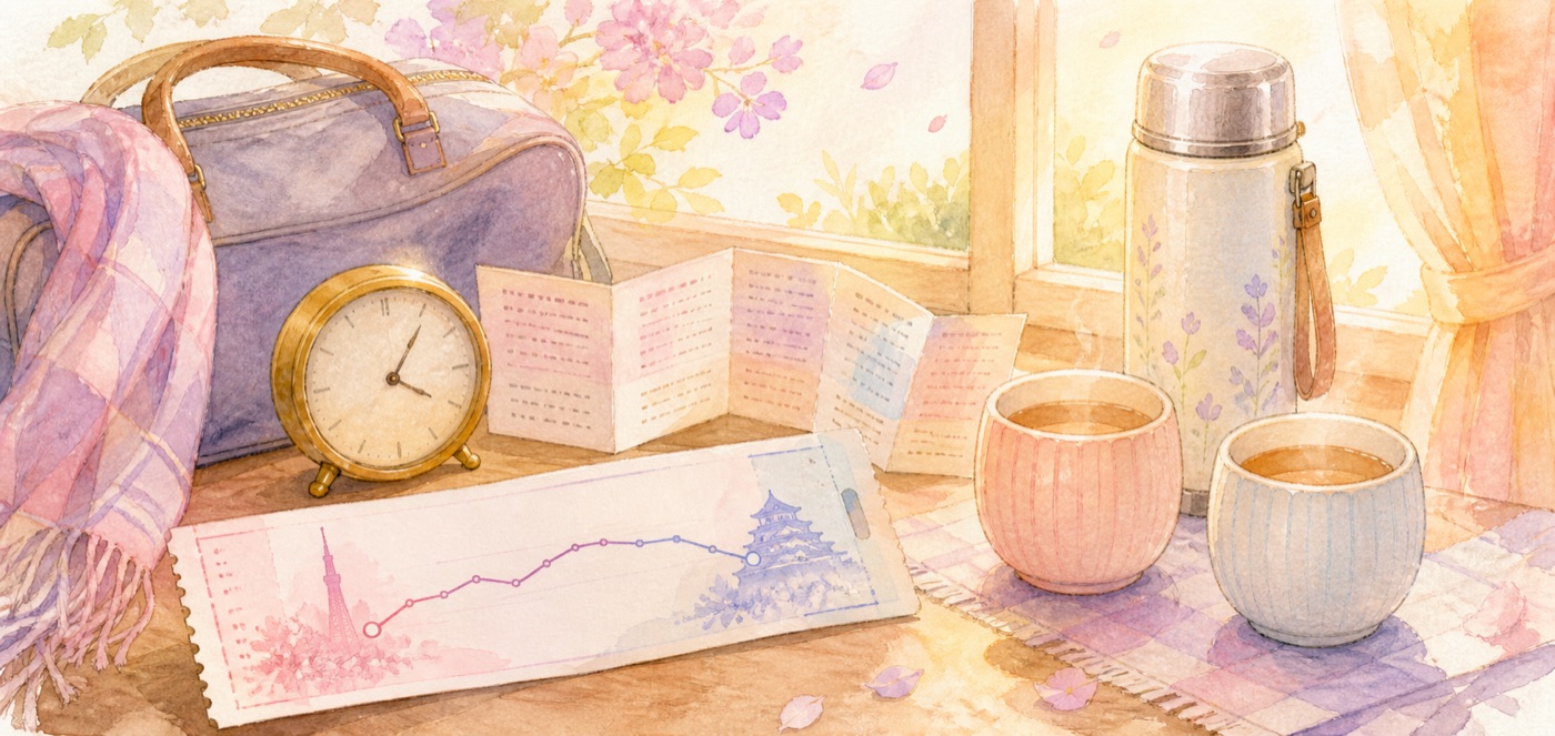 A train route between Tokyo and Osaka with a clock, travel bag, timetable, thermos, and two cups symbolizing care shown through time and effort