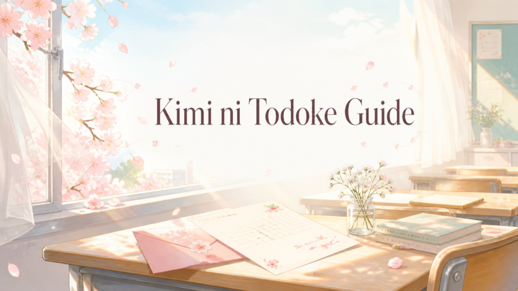 Sunlit classroom with an open window, cherry blossoms, and a letter for the Kimi ni Todoke guide