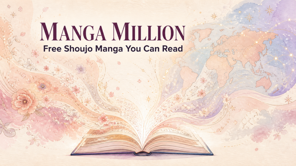 MANGA MILLION: Free Shoujo Manga You Can Read, over an open manga book and world map