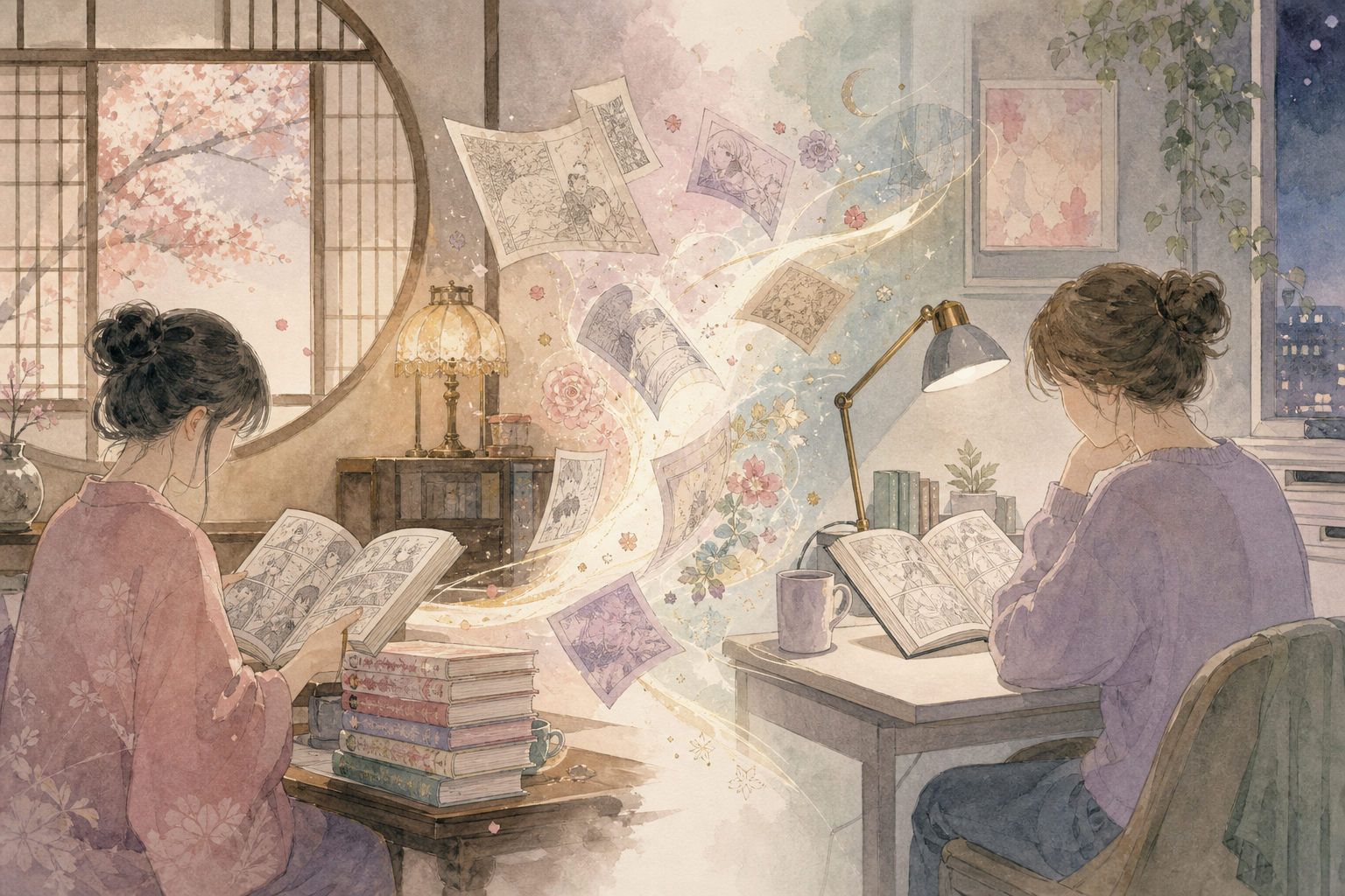 Two readers in Japan and overseas connected by flowing manga pages