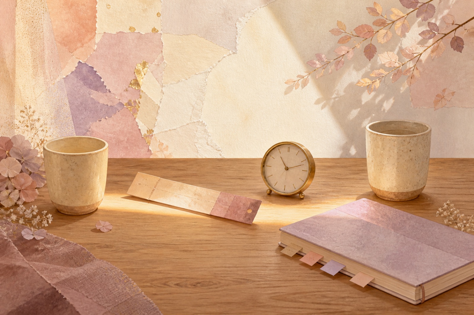 Two cups kept at a respectful distance beside a train ticket, clock, and marked notebook, symbolizing trust built through time and repeated actions
