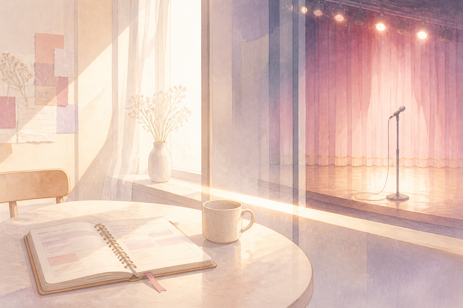 A university planner and a quiet apartment table separated by glass from an empty comedy stage, symbolizing the distance between Nonoka’s daily life and the entertainment world