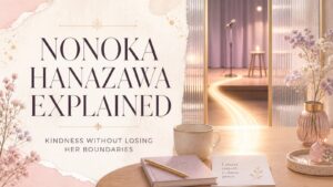 Nonoka Hanazawa character essay represented by a quiet apartment table, a glass boundary, and a distant comedy stage