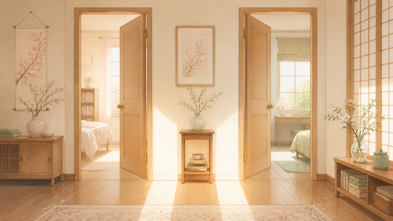 Two partly open doors inside a bright home with a band of light marking the space between them