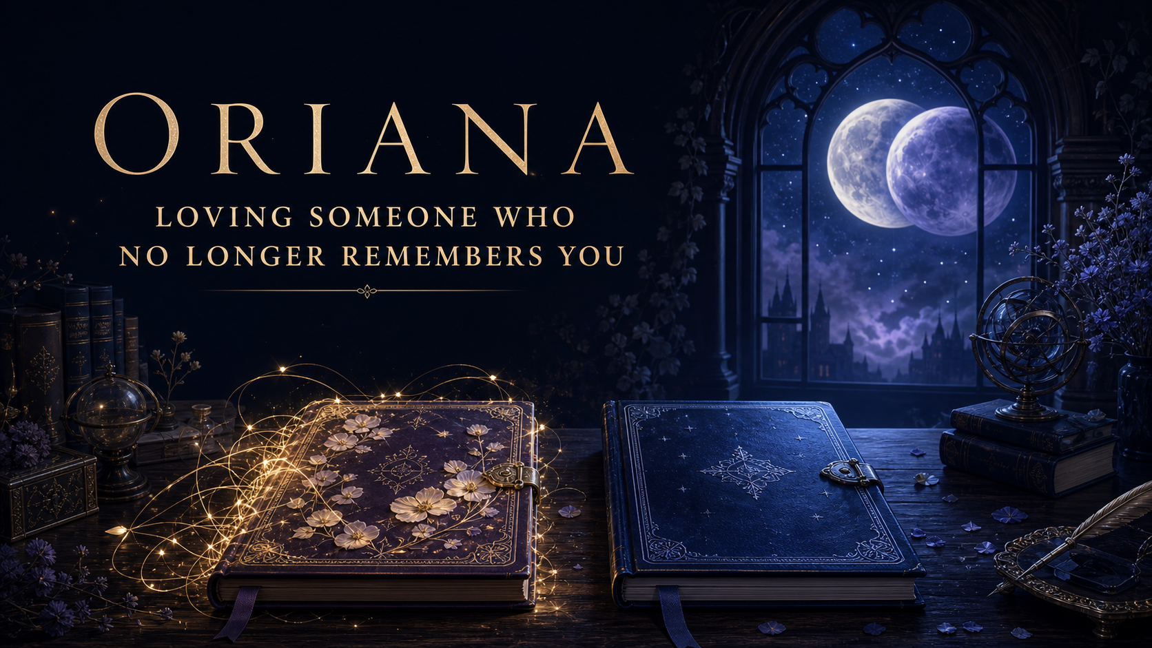 Oriana character essay cover with two journals and overlapping moons symbolizing unequal memories