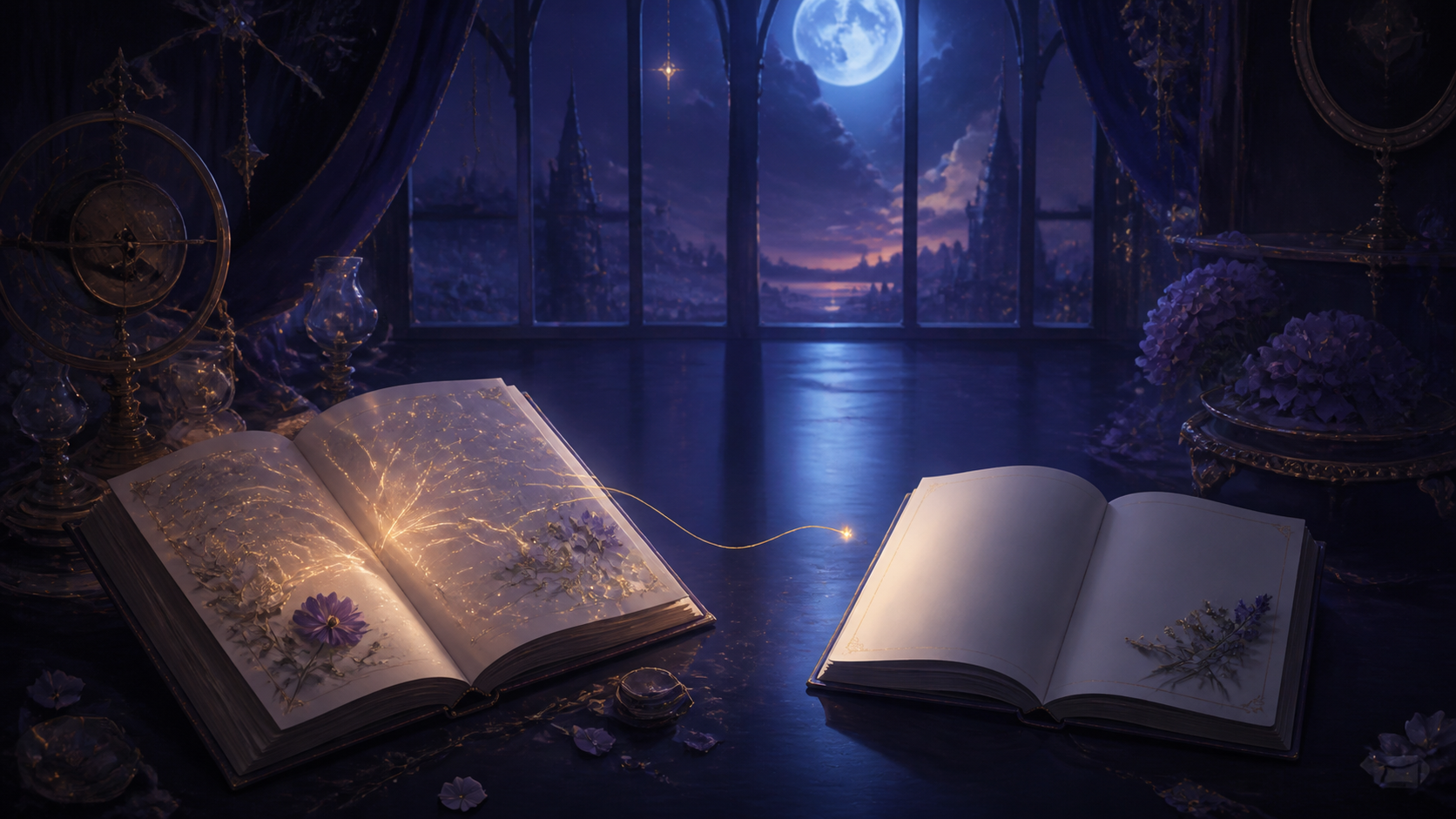 One glowing memory journal facing a blank journal across moonlight