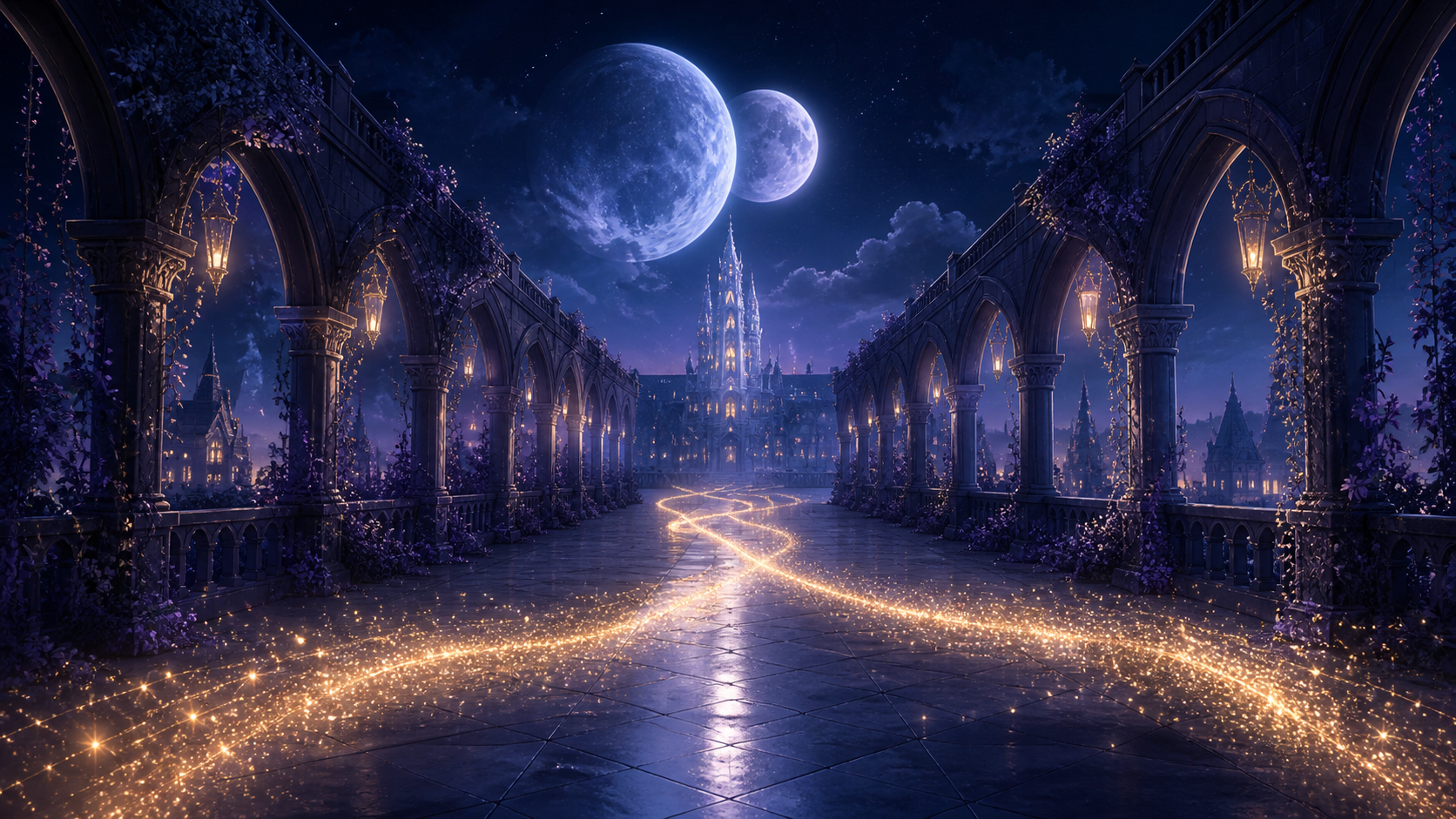 Two golden paths intertwining across an empty moonlit magic academy bridge
