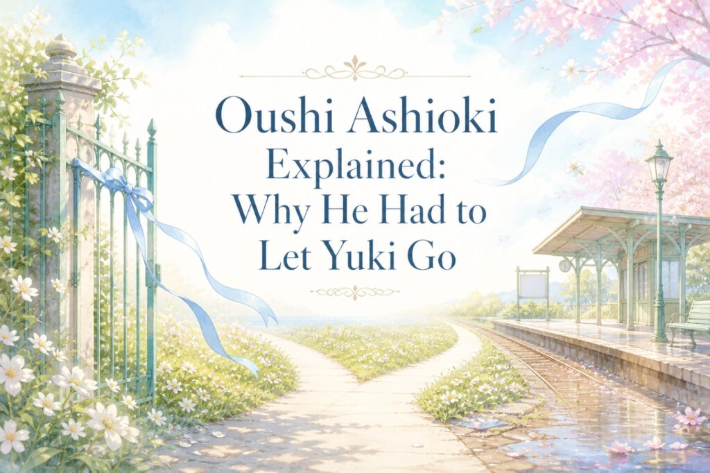 A spring path and train platform with a blue ribbon coming loose, symbolizing Oushi letting Yuki choose her own future