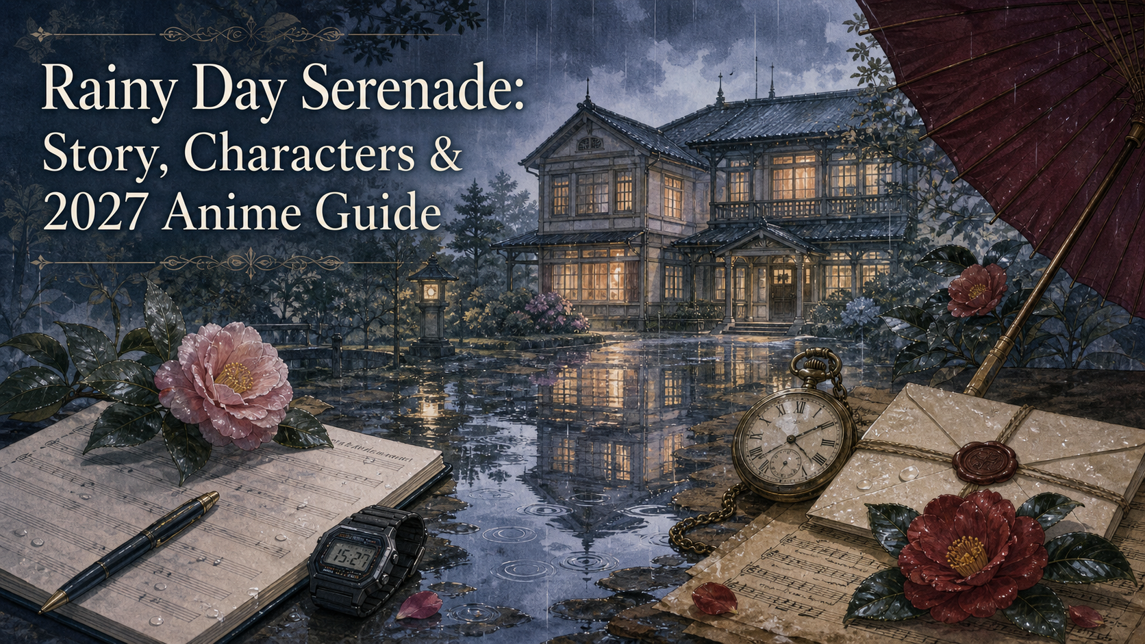 Rainy Day Serenade guide with a rain-soaked 1907 mansion, two camellias, sheet music, and two timepieces