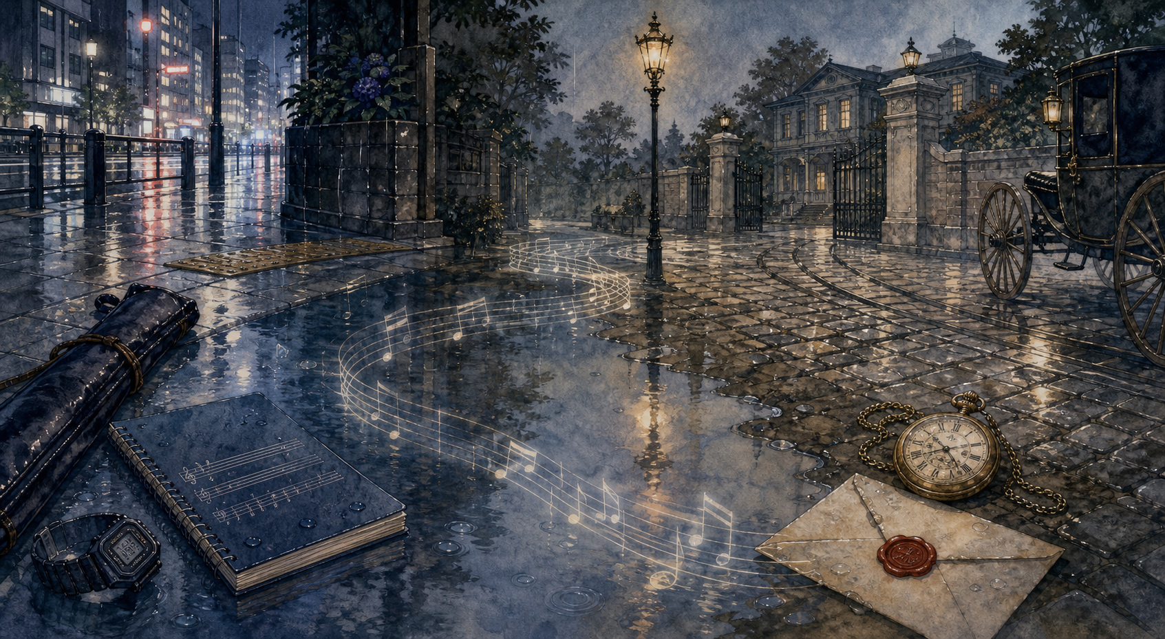 A rain puddle connecting a modern Japanese street with Tokyo in 1907 through music and timepieces