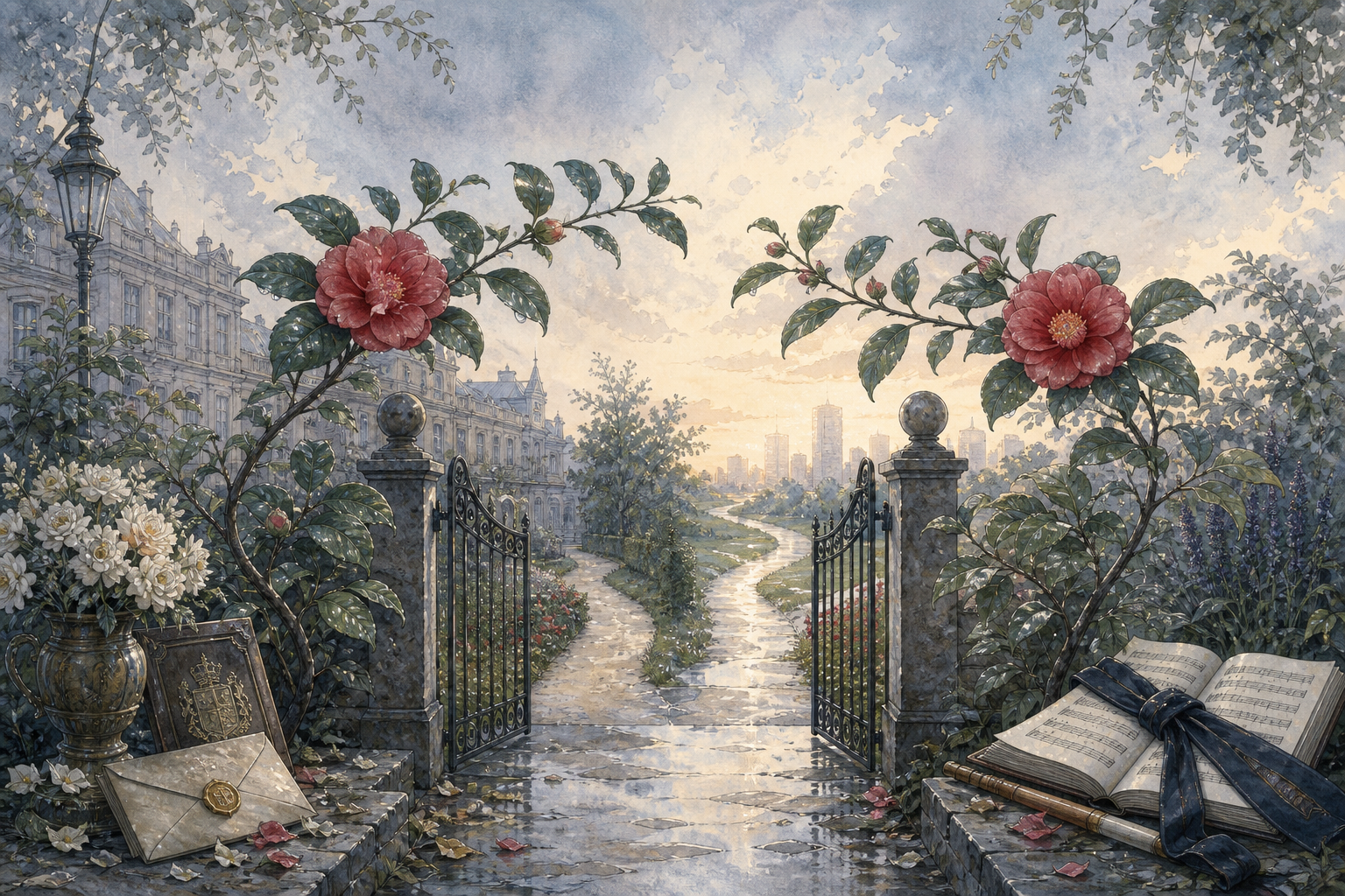 Two matching camellias growing from separate roots beside an open gate and diverging paths